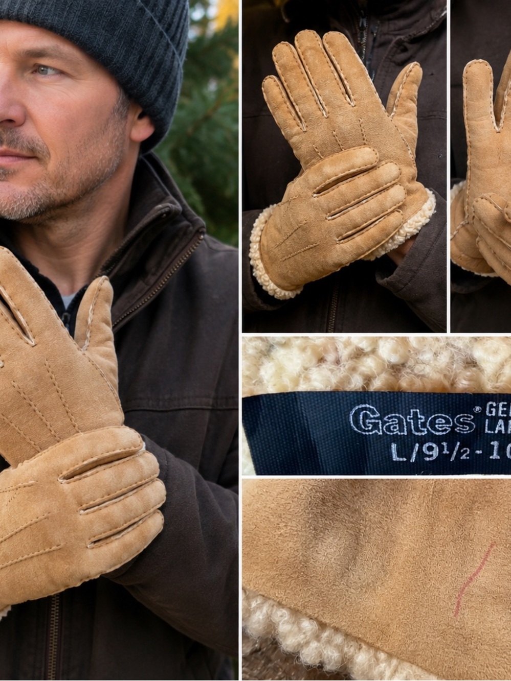 Vintage Gates Genuine Lambskin Leather Gloves Sherpa Lined Men’s L 9½–10 Tan